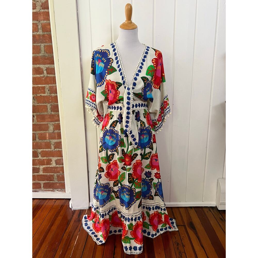 NEW Farm Rio Doce Flor Midi Dress M Floral Tie Front Linen Pom Pom - Picture 15 of 15
